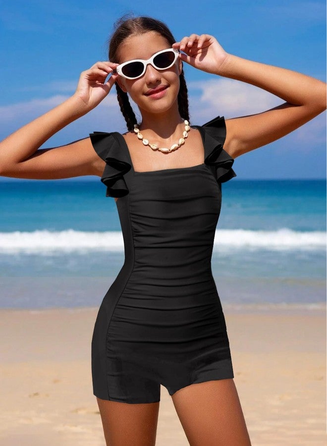 Aulyffo Teen Bathing Suits for Girls 12-14 Teen Swimsuits for Girl 12-14 One Piece Swimsuit Solid Bathing Suit Sleeveless Girls' Swimwear Black 13-14 Years - Image 2